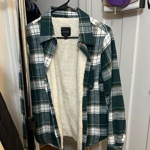 Love Tree Forest Green and White Plaid Sherpa Jacket